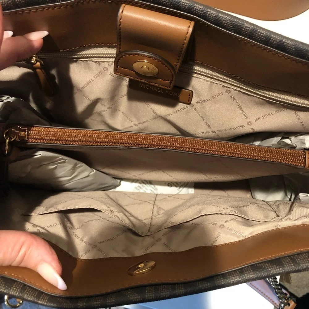 NWOT Michael Kors large logo brown and tan bag gold chain handles 10x15x5
